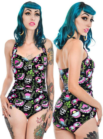Tropical Dreams Pineapple Skull Retro Pin Up One Piece Swimsuit - Forever Tattooed
