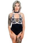 Sourpuss Bats & Roses Gothic Choker Neck One Piece Swimsuit - Forever Tattooed