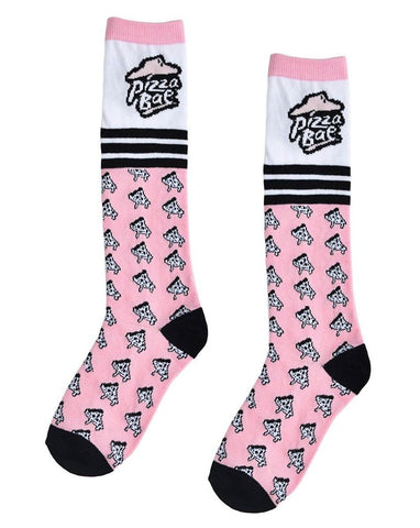 Too Fast Pizza Bae Pink And Black Stripe Varsity Funny Novelty Calf Socks - Forever Tattooed